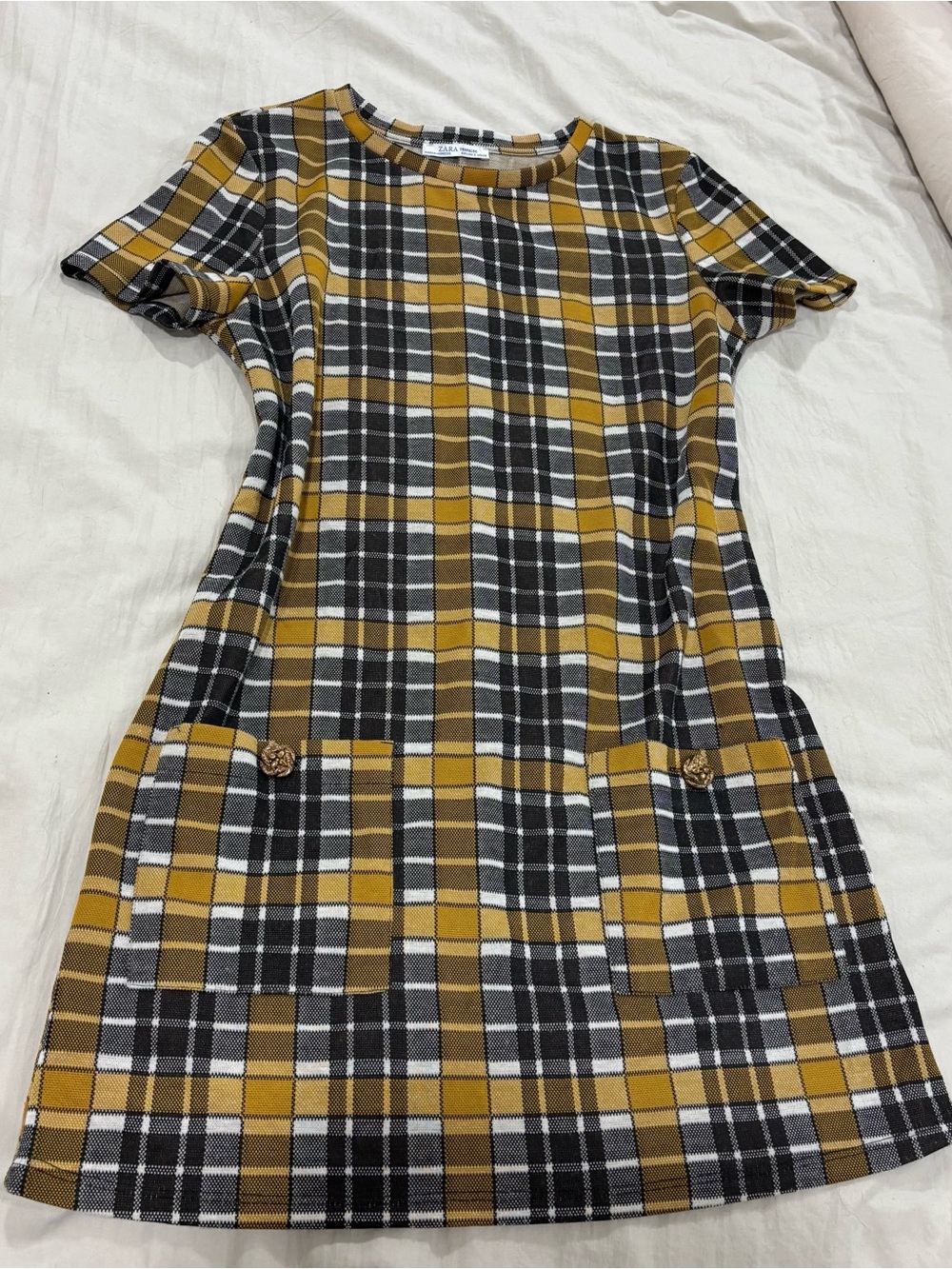 Zara Trafaluc Mustard Plaid Mod Shift Dress S